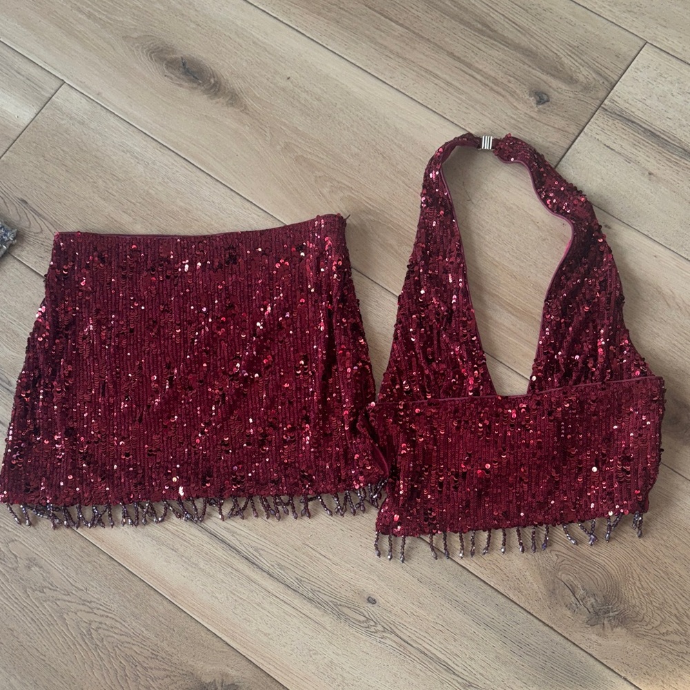 Red Sequin Halter Crop Top & Mini Skirt Set